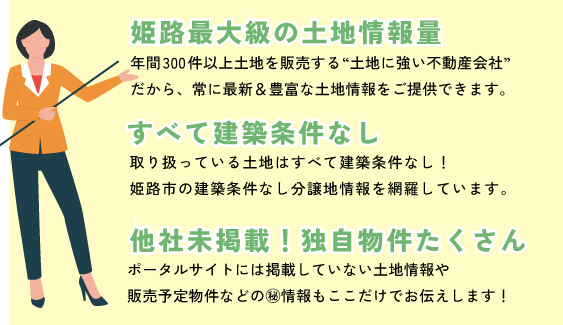 姫路最大級の土地情報、すべて建築条件なし、独自物件たくさん